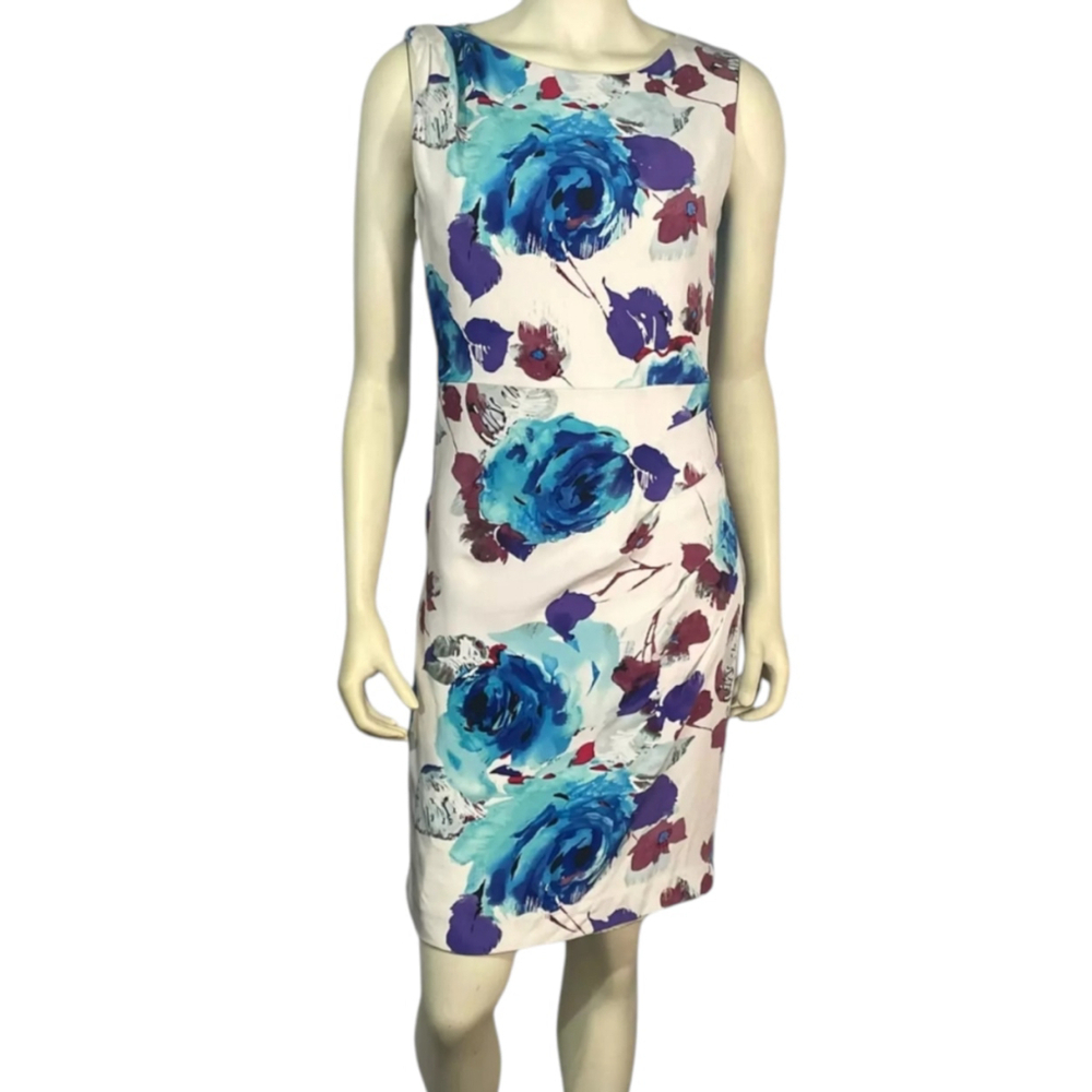 Women's St. John 'Evening Garden' Silk Crepe Dress Size 2 White Blue Floral